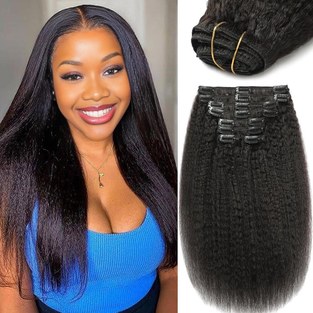 20 Inch Human Hair Extensions Kinky Straight Clip In Natural Black for Women